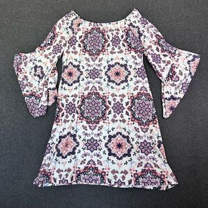 Vintage Peasant Floral Bell Sleeve Dress Womens M Purple Cottagecore Hippie Boho